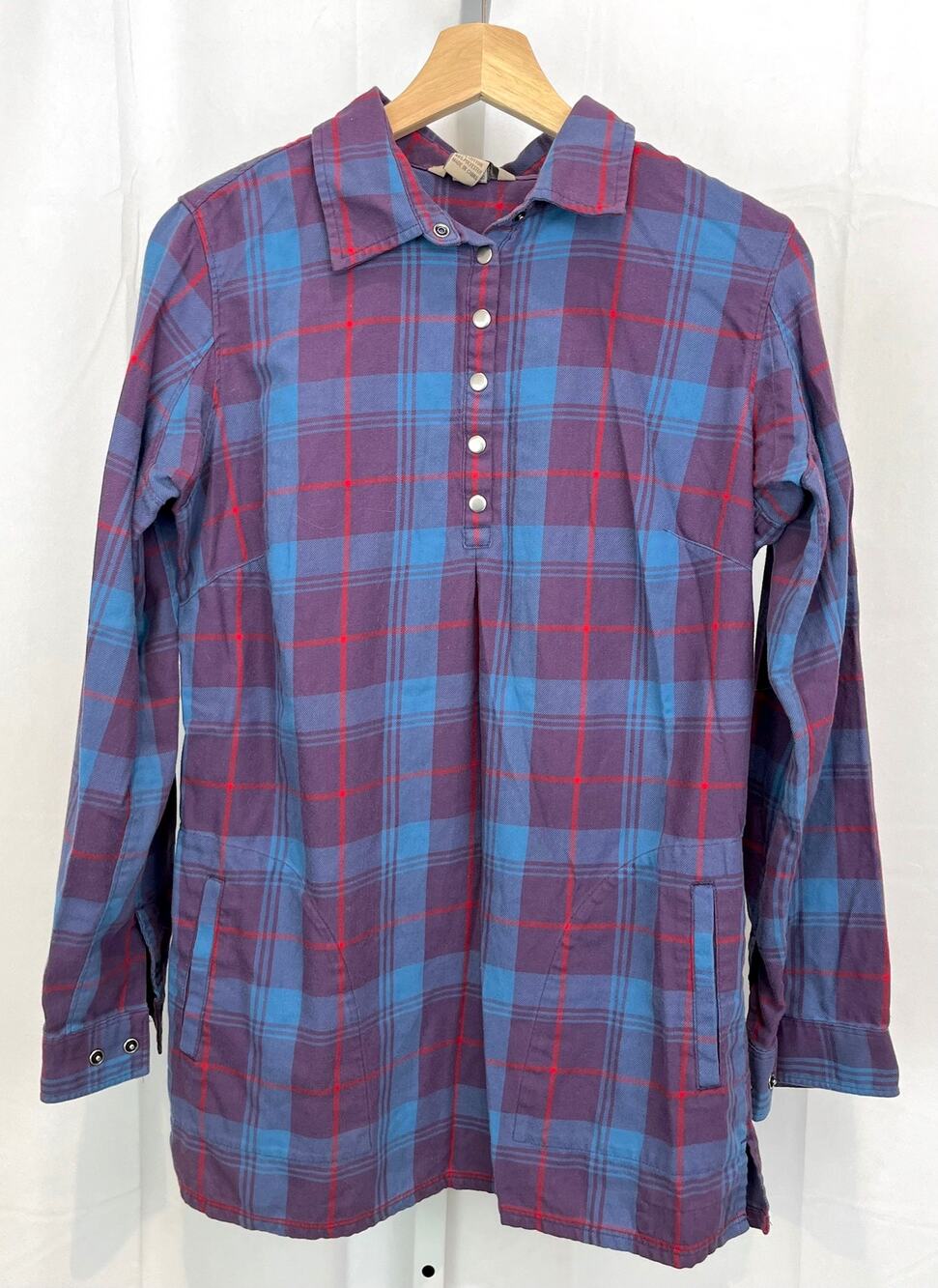 DULUTH TRADING Size S Plaid Popover Snap Tunic Top Long Sleeve Shirt Purple Blue